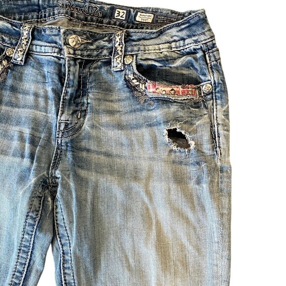 Miss Me Signature Bootcut Jeans Distressed Patchwork-Plaid Pocket Sz 32 #178H - Picture 6 of 14